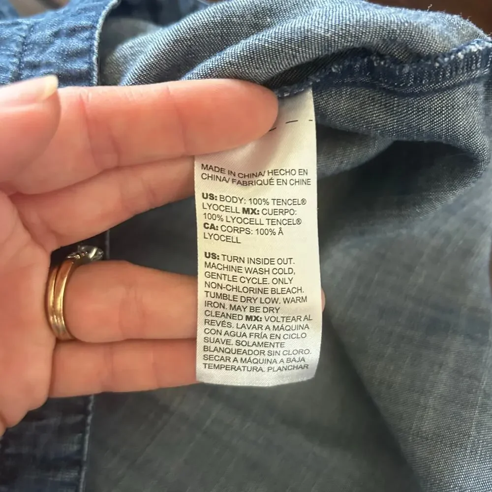 Chico's 3 Blue chambray style V-neck 3/4 sleeve long tunic shirt relaxed fit - Picture 3 of 7